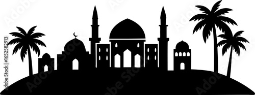 Black silhouette mosque with minarets and palm trees