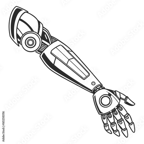 Detailed illustration of a prosthetic arm isolated on white background, showcasing advanced robotic technology and mechanical design
