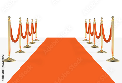 Orange carpet with red ropes on golden stanchions. Vector illustration isolated on white background
