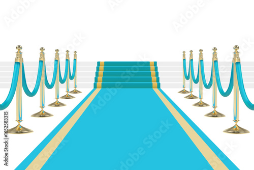 Teal carpet with stairs, podium, ropes and golden stanchions. Vector illustration.