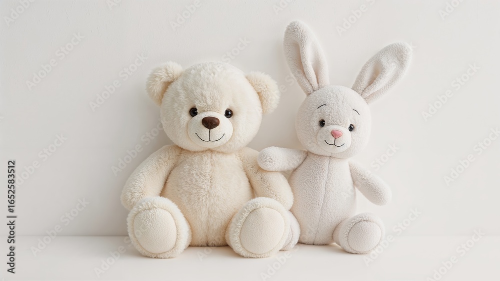 Stuffed teddy bear and rabbit toys placed in a kid's room with a wall background. Digital illustration Stuffed teddy bear and rabbit toys placed in a kid's room with a wall background. Digital illustration