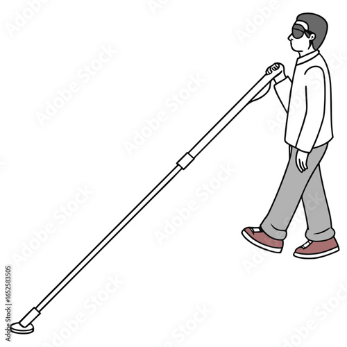 Illustration of a blind person using a long cane for navigation and mobility assistance isolated on white background