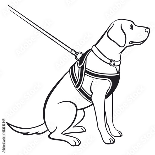 Illustration of a dog wearing a harness and leash, sitting patiently isolated on white background, perfect for pet and training related designs