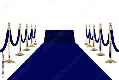 Black blue carpet with stairs, podium, ropes and golden stanchions. Vector illustration.