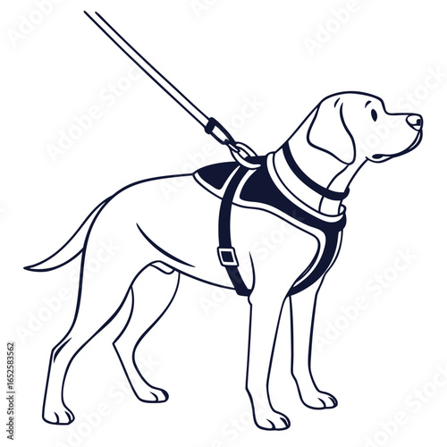 Illustration of a dog wearing a harness and leash, standing patiently isolated on white background, perfect for pet and training related designs