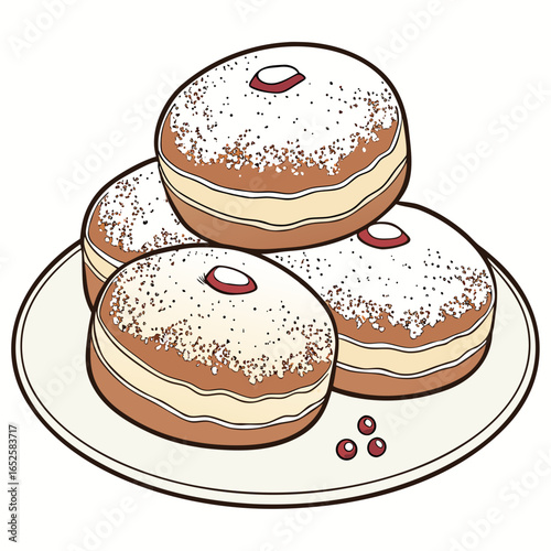 Illustration of a stack of sufganiyot doughnuts on a plate isolated on white background, a traditional dessert for the jewish holiday