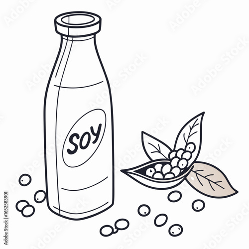 Illustration of soy milk bottle with soy beans and pod isolated on white background, a healthy and nutritious vegan alternative drink