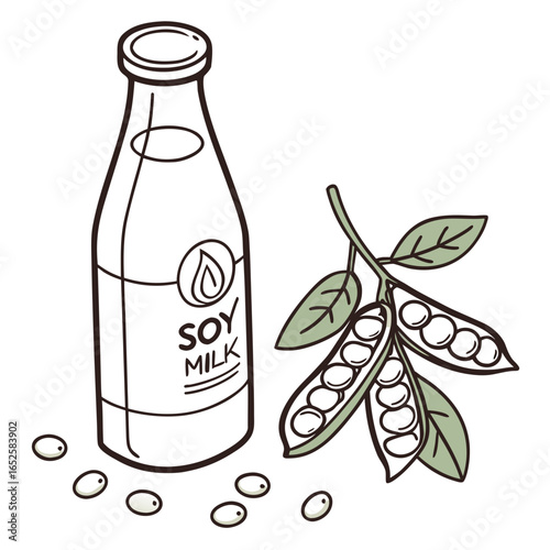 Illustration of soy milk bottle with soy beans and pods isolated on white background, a healthy and nutritious vegan alternative drink