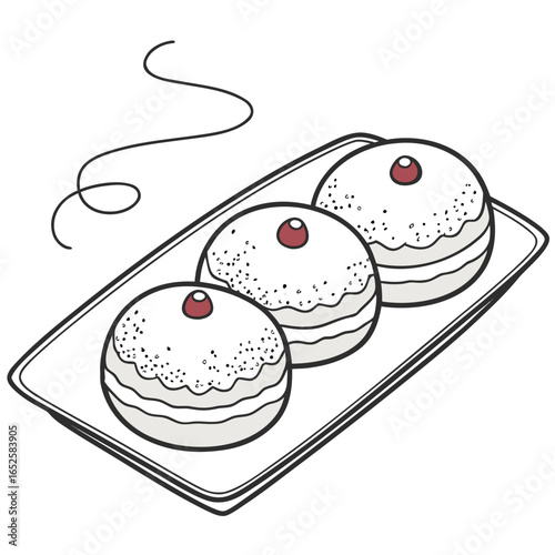 Illustration of three sufganiyot doughnuts on a plate isolated on white background, a traditional dessert for the jewish holiday of hanukkah