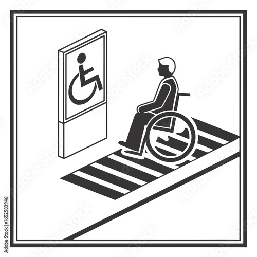 Isometric illustration of a wheelchair ramp and accessibility sign isolated on white background, promoting inclusion and equal access for people with disabilities
