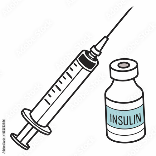 Insulin syringe and vial isolated on white background, a medical treatment for diabetes and blood sugar control with healthcare