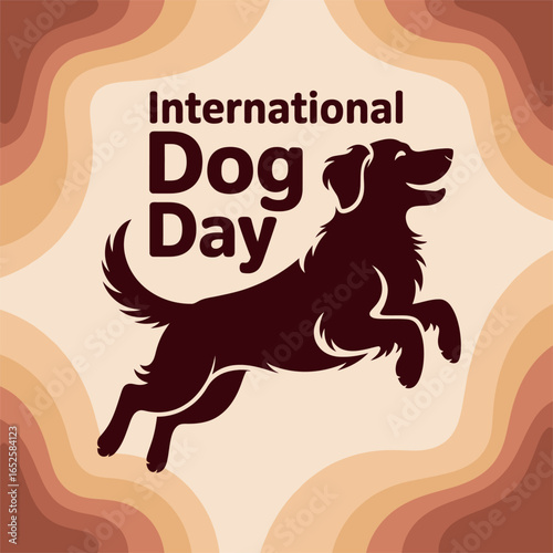 International Dog Day Celebration with Leaping Dog Silhouette and Retro Design
