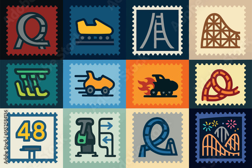 Vintage Amusement Park Ride Icons Set with Roller Coasters and Fun Elements