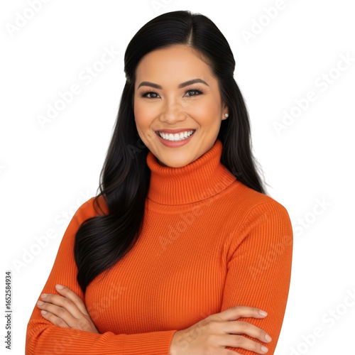 Smiling woman in orange turtleneck isolated on transparent background