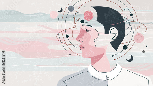 Concept of psychotherapy, self-analysis and imagination. Side profile of a man with abstract planetary orbits around his head. Flat vector illustration.