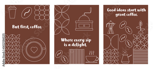 Set of three coffee-themed posters with white line art on brown backgrounds featuring motivational quotes, coffee beans, cups, grinders, and modern decorative elements