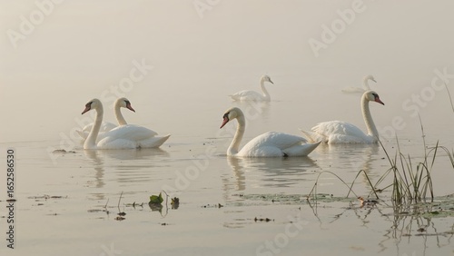Graceful white swans amidst early morning haze