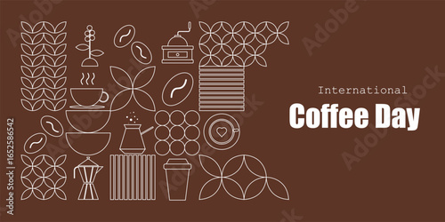 Minimalist International Coffee Day banner, poster, greeting card on a brown background with white line art icons including coffee beans, cups, moka pot, grinder, and plant elements