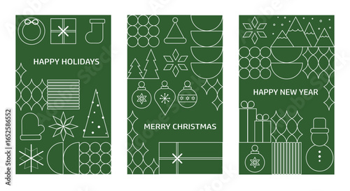 WebSet of three minimalist holiday greeting cards with a green background and white line illustrations of Christmas trees, snowflakes, gifts, ornaments, and winter icons