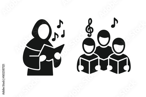 Historical music icons set. Gregorian chant monk and church choir singers glyphs. Sacred choral music concert, vocal lesson, religious singing symbols collection vector.