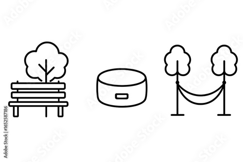 Forest retreat icon set for outdoor relaxation and leisure. Simple line art symbols: park bench with tree, hammock between trees, and a modern smart speaker for music.