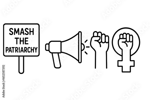 Feminist icon set with protest sign Smash the Patriarchy, megaphone, and raised fist power symbol. Women's rights activism, empowerment, and equality vector line art.