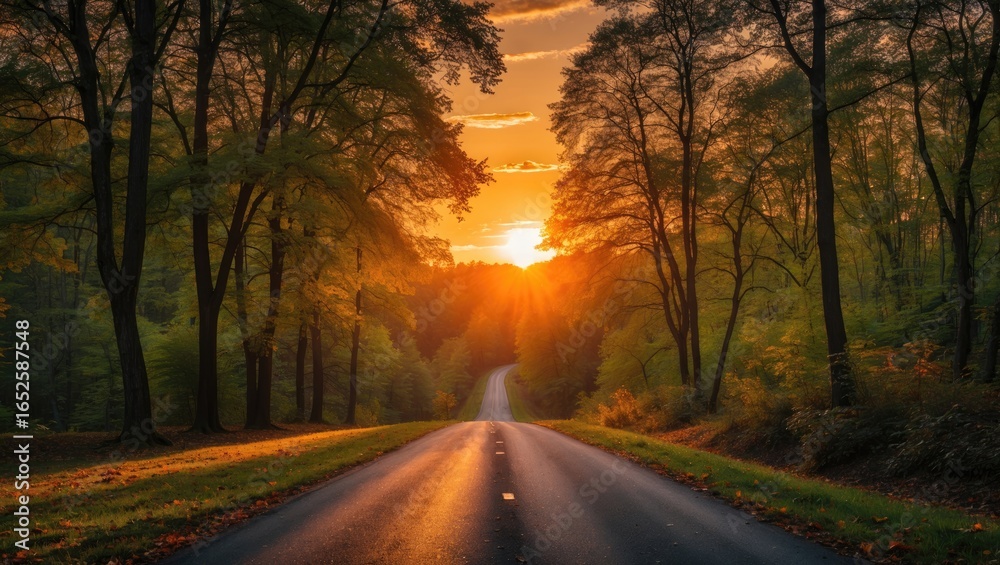 Fototapeta premium Evening light shining over fall foliage in a lush forest