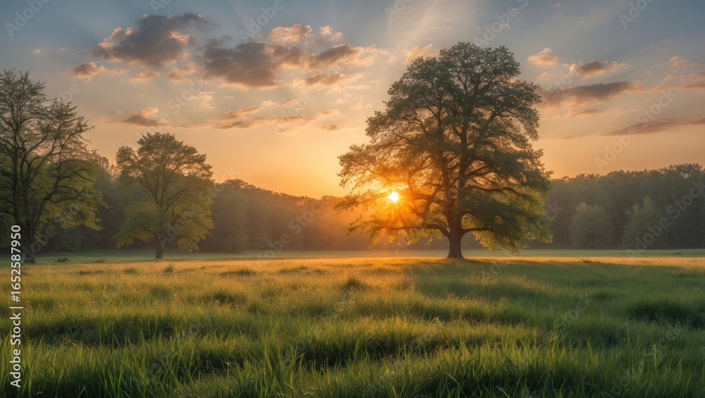 Obraz premium Dawn breaking over a lush meadow