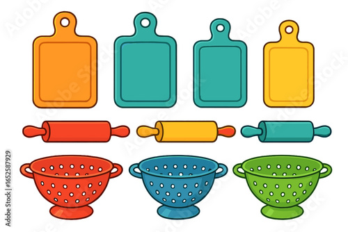 Colorful kitchen utensils vector illustration set. Collection of cooking and baking equipment icons. Includes cutting boards, rolling pins, and colanders in a flat design.