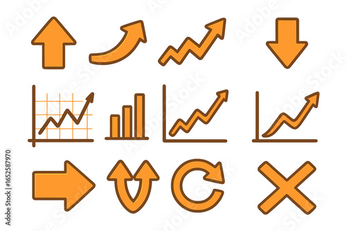 Vector arrow and graph icon set for business. Symbols for financial growth, data analysis, and success. Line chart, bar diagram, up, down, refresh, and cancel signs.