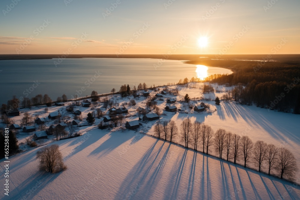Obraz premium Drone captured scenic winter landscape featuring a tranquil lake and tree shadows on the snow.