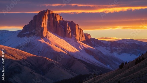 Morning alpenglow casting a warm hue on a majestic mountain