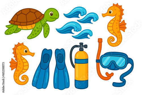 Diving and snorkeling icon set. Cute sea animals like turtle and seahorse. Underwater marine wildlife concept. Scuba diver equipment flippers mask snorkel oxygen tank vector.