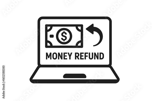 Money refund vector icon on laptop screen. Cashback service concept for online shopping. Financial transaction, digital payment return, and e-commerce transfer pictogram.