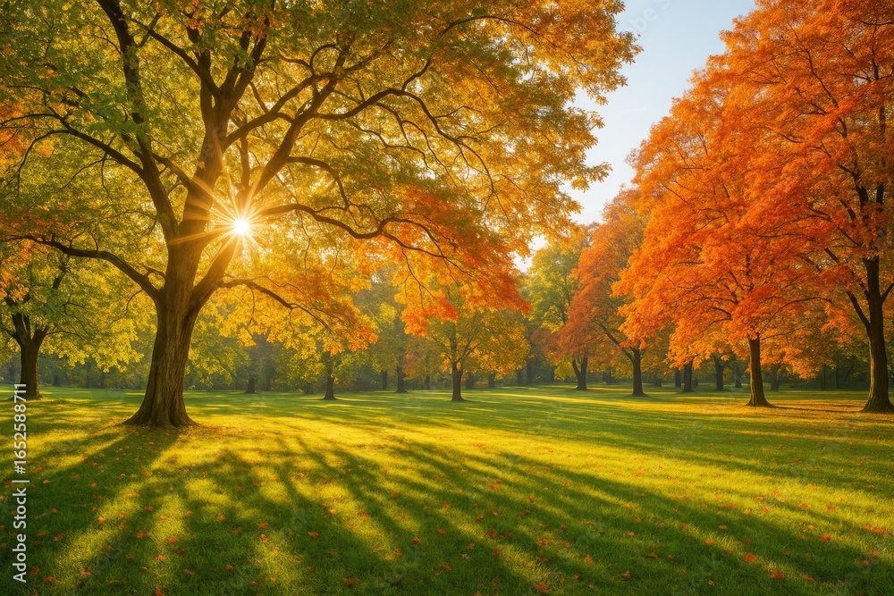 Fototapeta premium Sunshine filtering through the trees in a green space