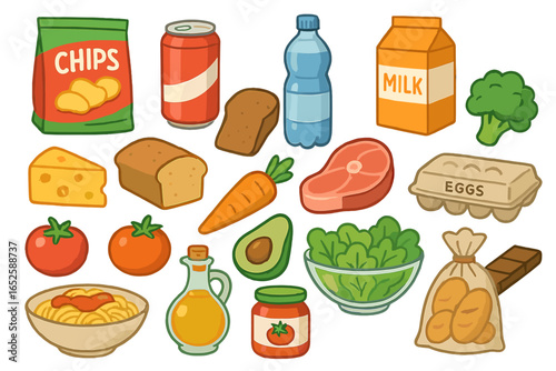 Grocery food collection vector icon set. Cartoon illustration of meal prep ingredients like milk, eggs, bread, meat, vegetables, and pasta for diet and nutrition concepts.