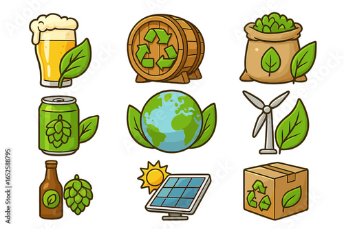 Eco-friendly brewing icon set. Sustainable beer production. Renewable energy concept for brewery. Vector illustration with recycling symbol, solar panel, wind turbine.