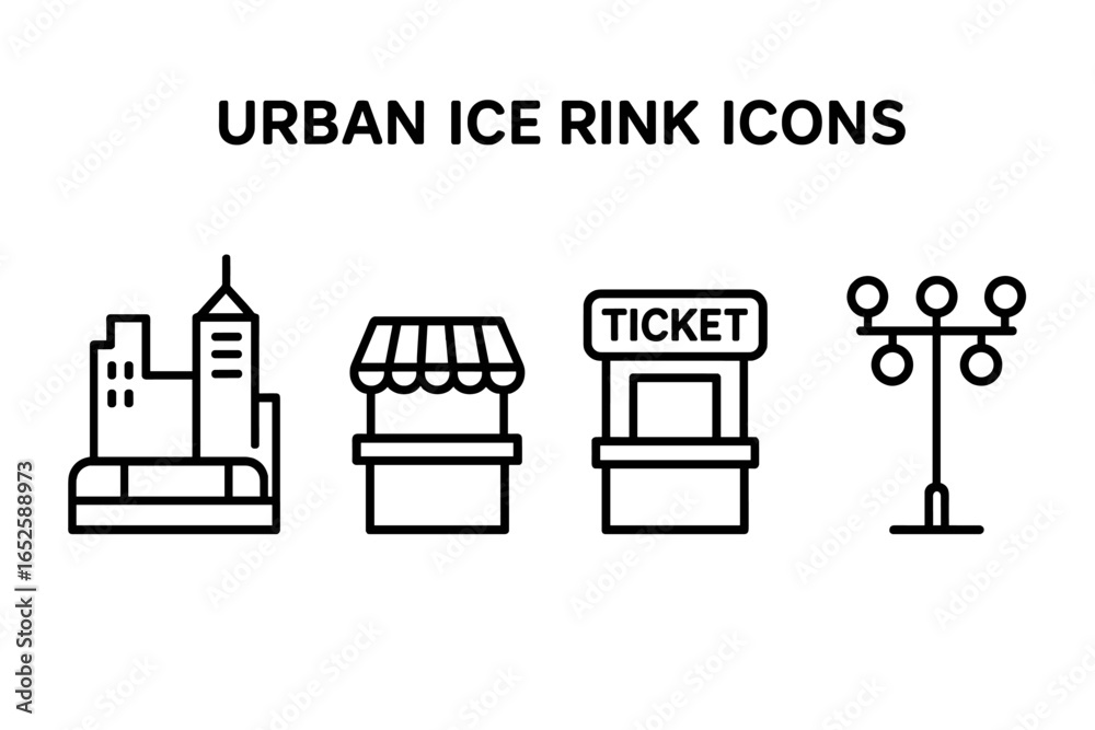 Fototapeta premium Urban ice rink icon set. Winter city festival line art. Christmas market graphic elements. Ticket booth, stall, cityscape, and street light vector illustration collection.