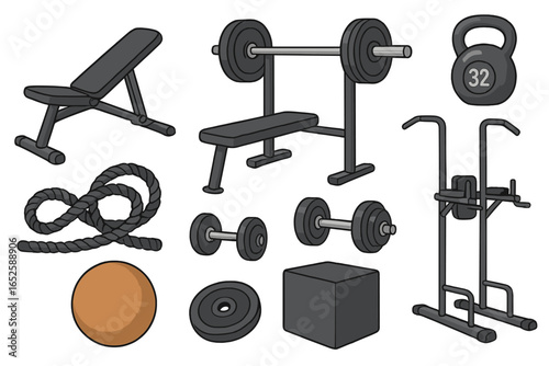 Gym equipment set for strength training. Bodybuilding, fitness icons. Barbell, dumbbell, kettlebell, bench press, power tower. Vector cartoon sport objects collection.