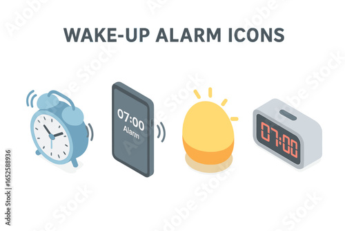 Wake up alarm clock icon set isometric vector. Morning time concept with digital clock, smartphone alarm, and classic ringing clock. Daily routine and deadline symbol.
