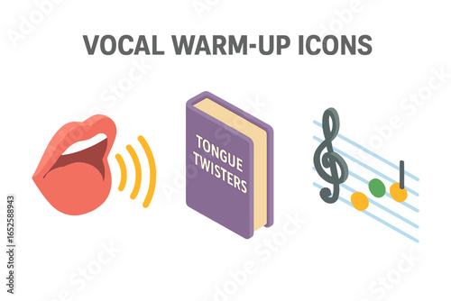 Vocal warm-up isometric icons set. Voice training, singing lesson, and speech therapy concepts. Mouth, sound waves, tongue twisters book, music notes vector illustration.
