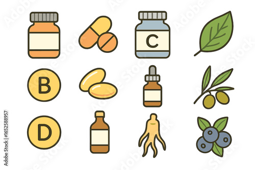 Vitamin and supplement icon collection. Health and wellness concept. Pills, capsules, vitamin C, B, D, ginseng, olive, and blueberry. Flat cartoon vector illustration set.