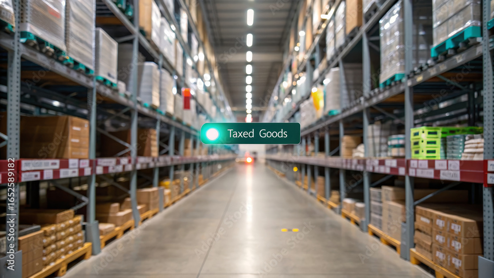 Import tax concept ,Warehouse storage with labeled taxed goods, showcasing organized inventory and efficient management Import tax concept ,Warehouse storage with labeled taxed goods, showcasing organized inventory and efficient management