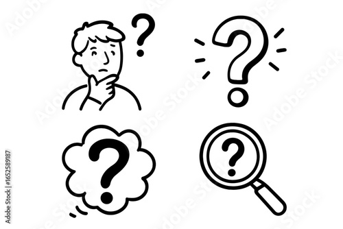 Question mark icon set. Man thinking, confused. Symbol of inquiry, help, support, and FAQ. Doodle line art for problem solving, search, and investigation. Vector illustration.