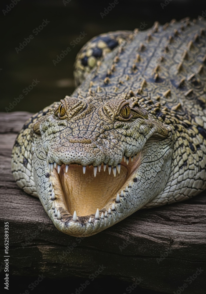 Obraz premium Captivating close-up of a formidable crocodile with open jaws on timber