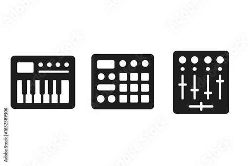 Electronic music equipment solid glyph icon set. Vector symbols for music production, synthesizer, drum machine, sampler, MIDI controller, and DJ mixer for audio design.