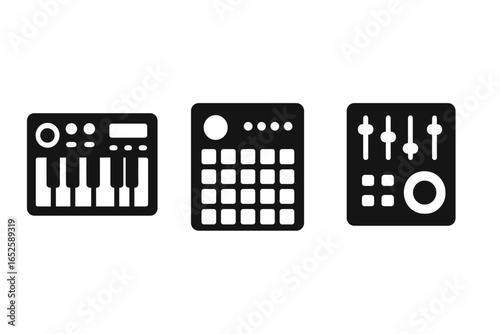 Electronic music equipment icon set. Solid glyph symbols for music production. Synthesizer, drum machine, sampler, DJ mixer controller. Digital audio workstation elements.