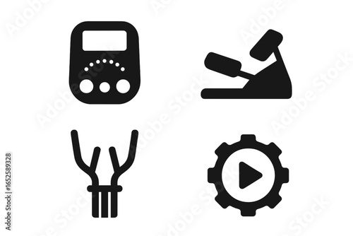 Elliptical machine solid glyph icons set. Fitness equipment symbols for gym workout and cardio training. Features include control panel, pedals, handlebars, and resistance.