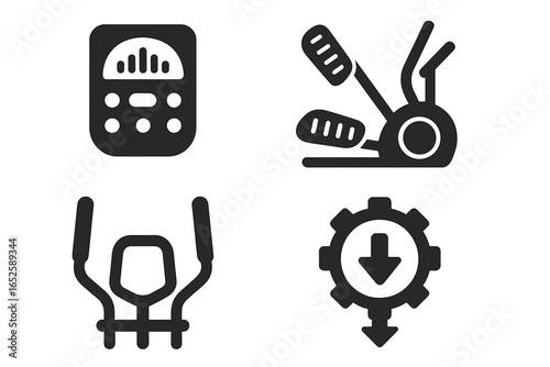 Elliptical machine features solid glyph icon set. Fitness and cardio workout equipment. Gym crosstrainer symbols: control panel display, pedals, handlebars, resistance level.