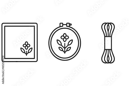 Embroidery outline icon set. Needlework and handmade craft hobby supplies. Collection of linear symbols including handkerchief, hoop with flower, and floss skein. Vector.